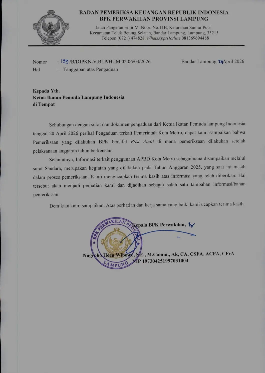 BPK RI Lampung Bergerak Cepat, Laporan IPLI Seret Dugaan APBD Kota Metro ke Tahap Pemeriksaan