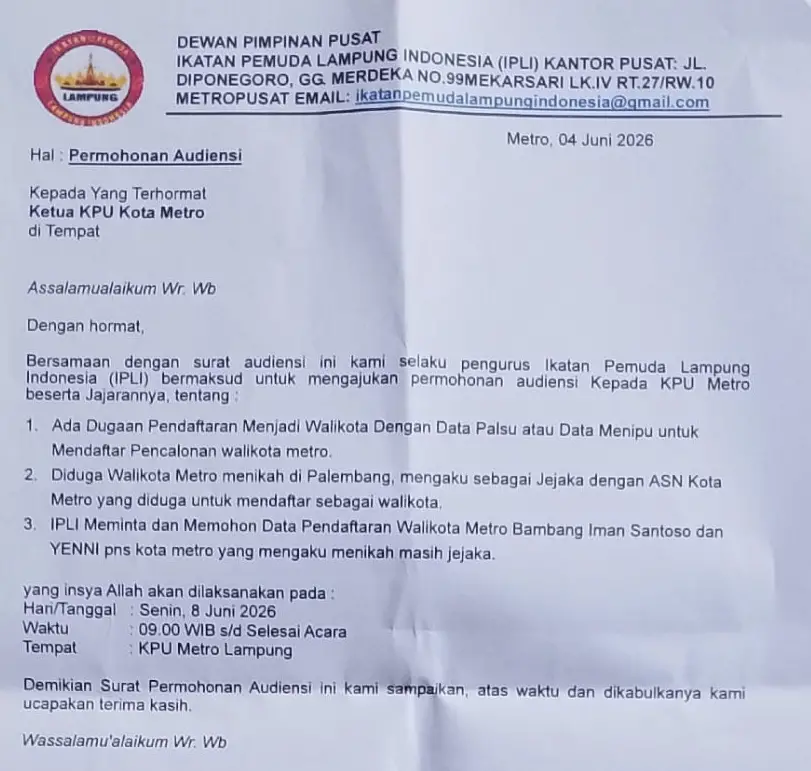 IPLI Ajukan Permohonan Audiensi dengan KPU Kota Metro Terkait Proses Pencalonan Wali Kota